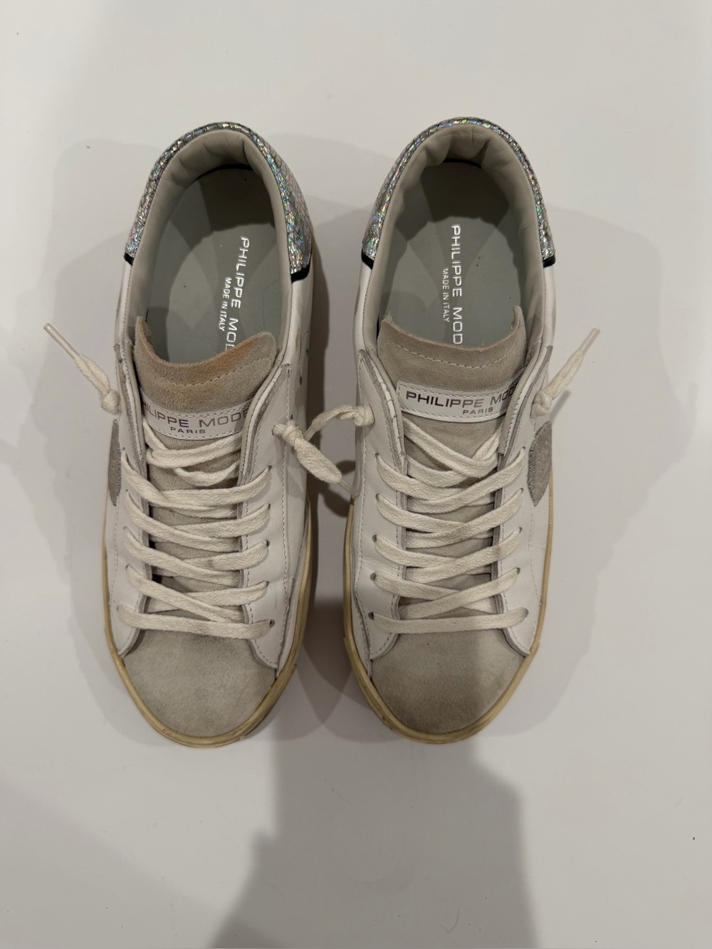 Philippe Model Women White & Gray Suede Sneakers with Iridescent Heel